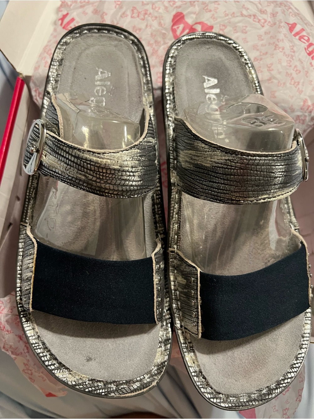 Alegria Silver Metallic Slide Sandals with Black Forefoot Band
